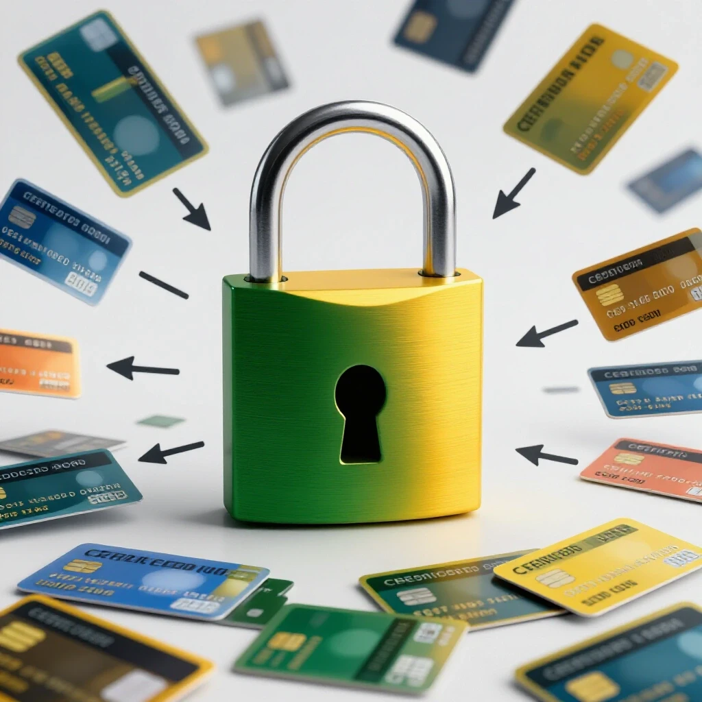 A bright padlock symbolizing security, centered among scattered credit cards on a clean white background.
