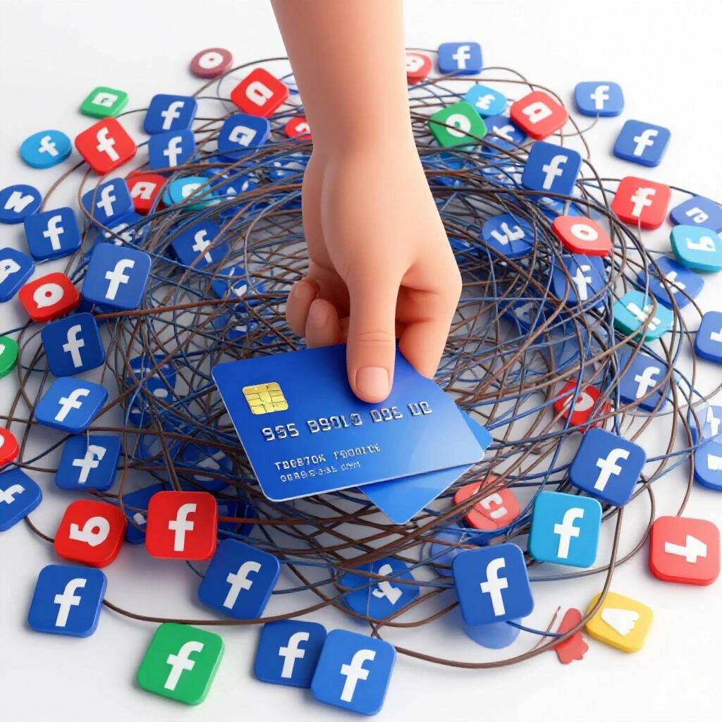 A hand pulling a credit card from a tangled web of Facebook ad icons, symbolizing ease in removing payment details.