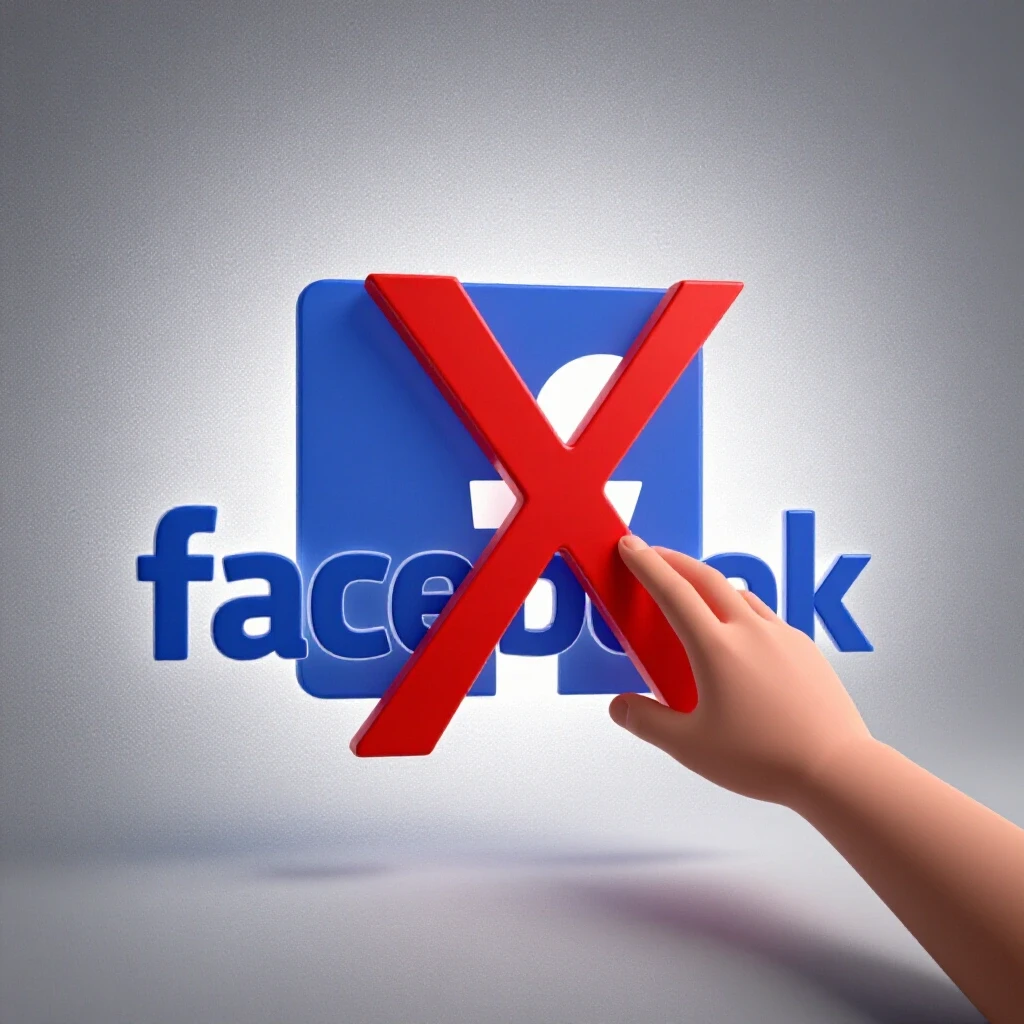 A digital marketplace scene with a large red 'X' over Facebook's logo, highlighting the removal of ads.