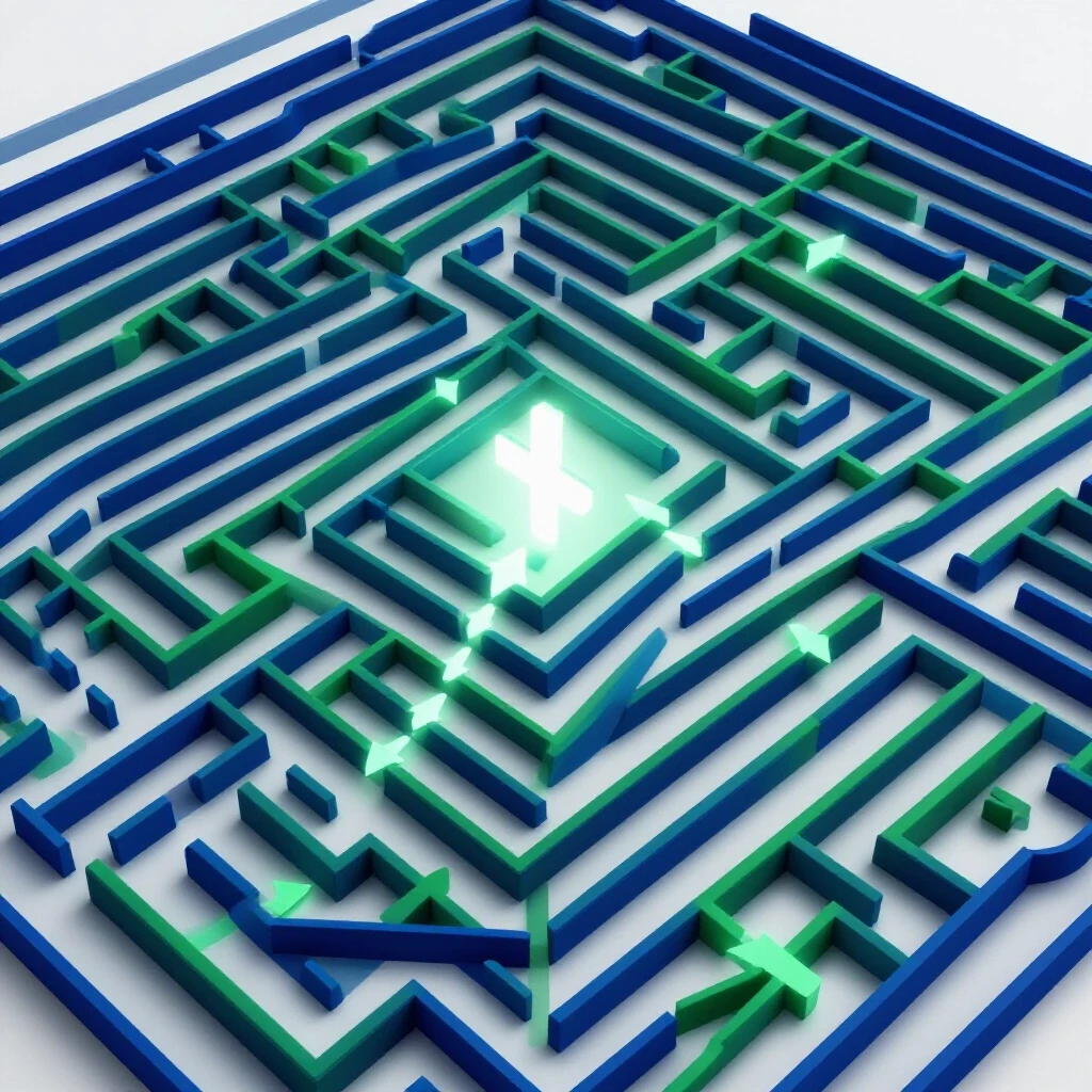 A 3D maze with glowing arrows leading to an exit, illustrating ad testing challenges and success.