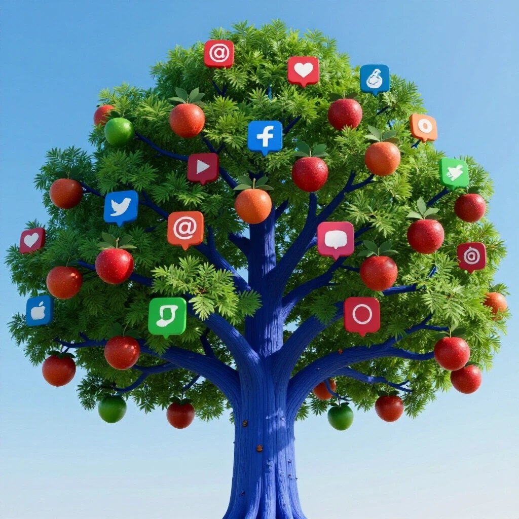 A lush tree with branches bearing colorful social media icons as fruits against a bright blue sky, symbolizing growth.
