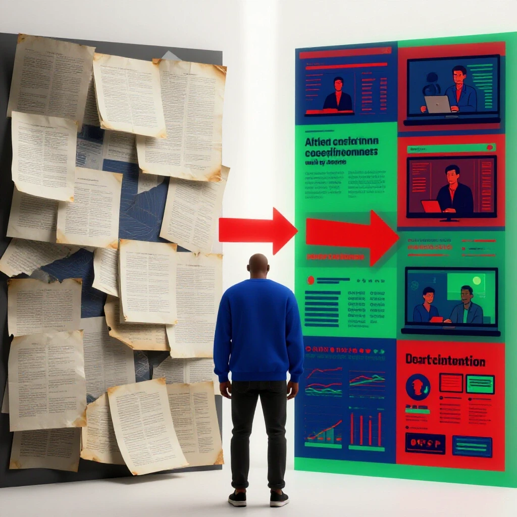 A split-image showing dull crumpled papers on one side and vibrant infographics on the other, symbolizing content transformation.