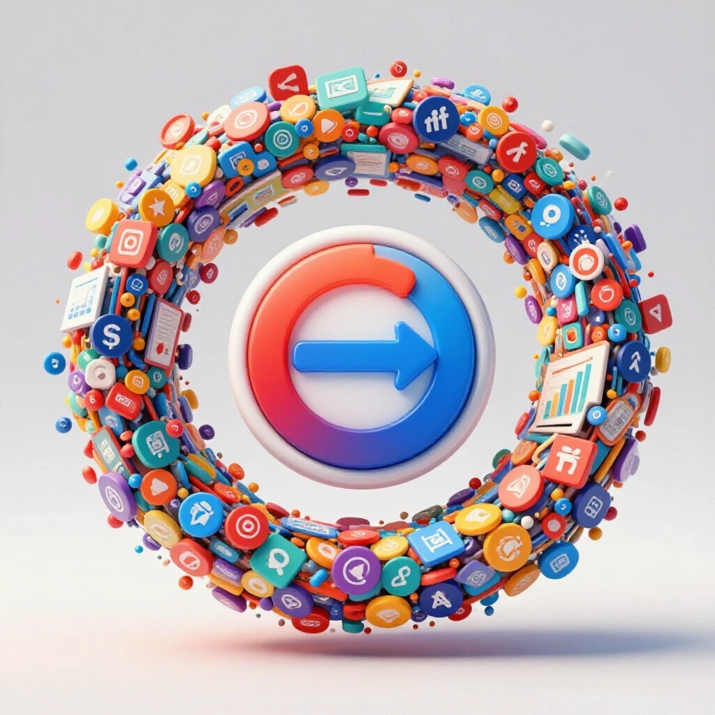 A stylized reset button surrounded by colorful social media icons and graphs representing digital advertising clutter.