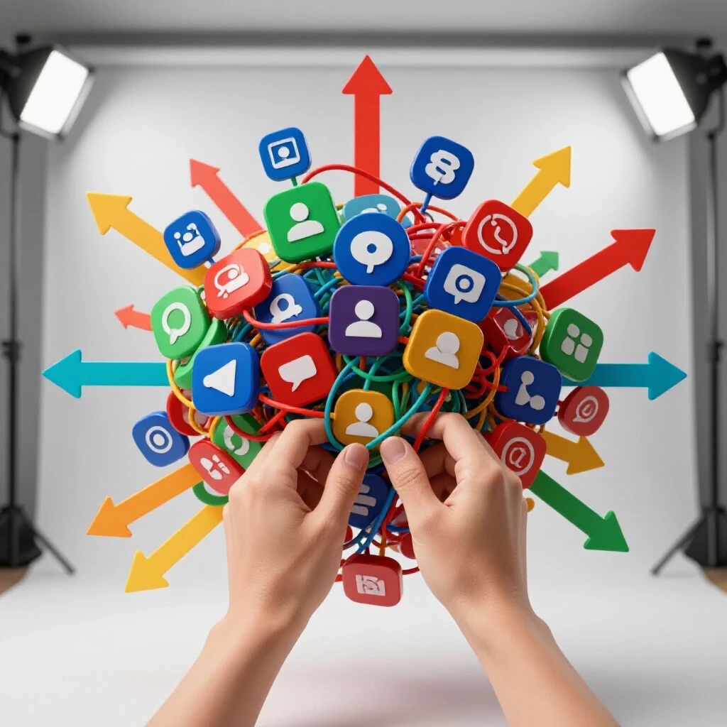 A pair of hands untangling colorful social media icons, symbolizing clarity and growth with dynamic paths.