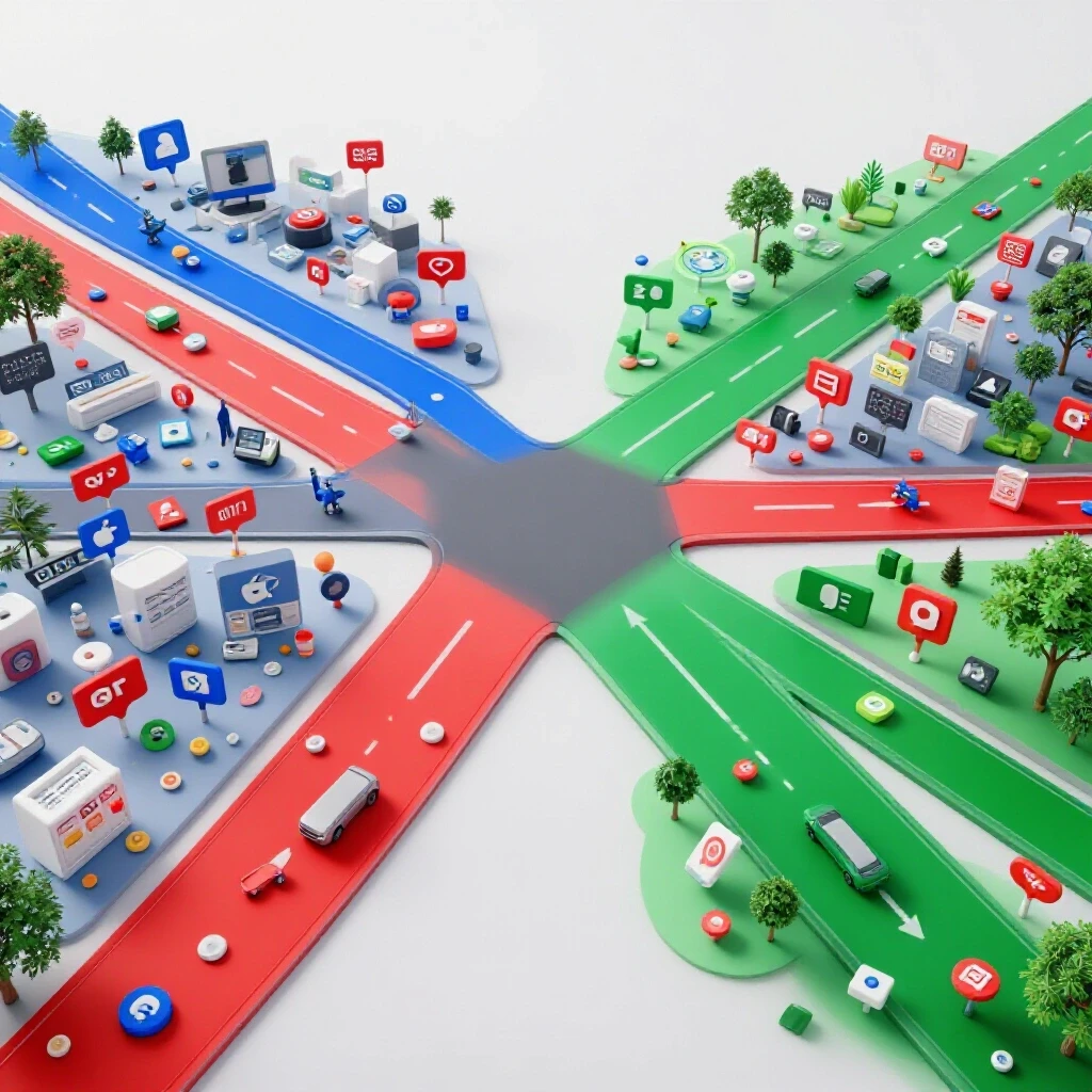 An illustrated crossroads with one path cluttered with chaotic social media elements and the other vibrant and organized, representing a strategic choice.