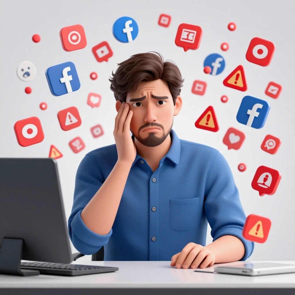 Frustrated individual at computer surrounded by chaotic social media icons and red warning symbols representing Facebook Ads issues.