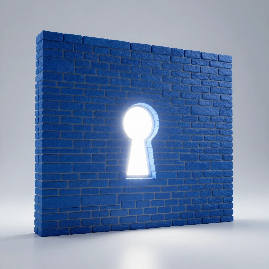 A glowing keyhole on a large Facebook blue brick wall symbolizing solutions to blocking issues.