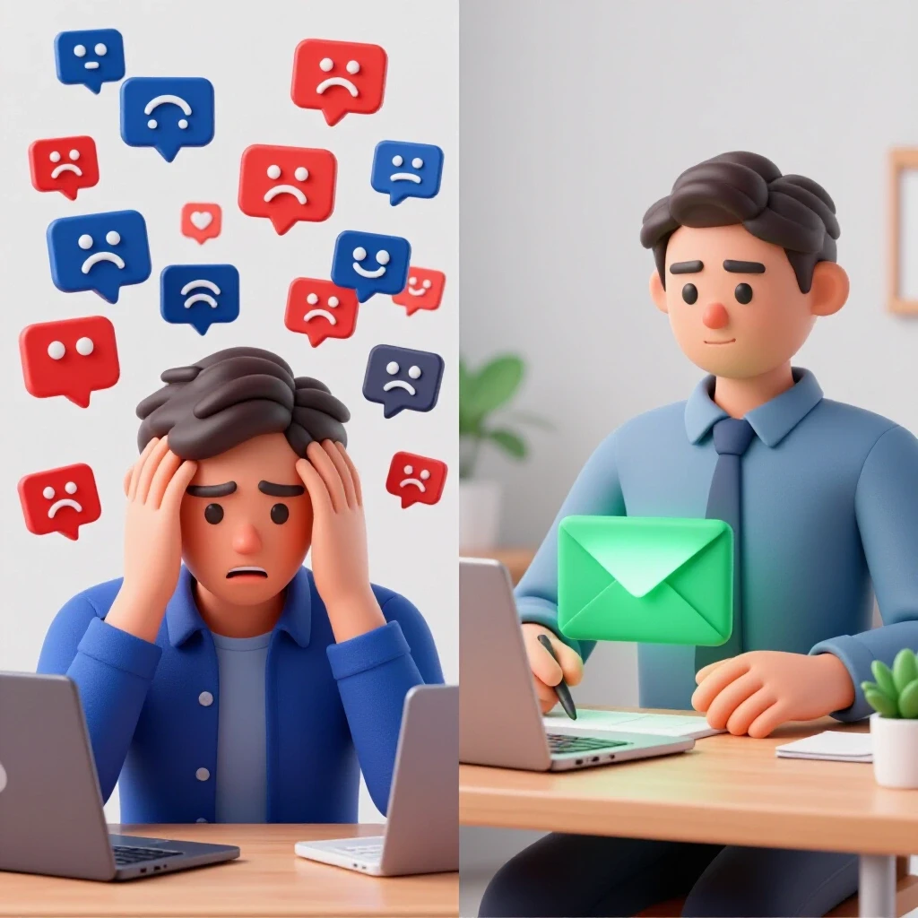 A split image showing a frustrated person amid chaos contrasted with a calm professional sending an email.