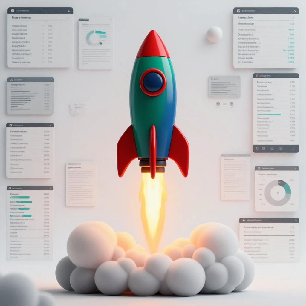 A rocket launching against a digital interface filled with failed ad metrics, symbolizing a campaign restart