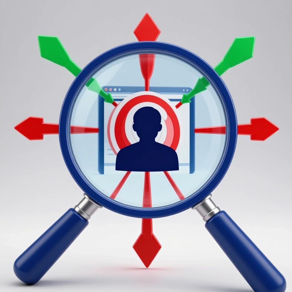 A magnifying glass focusing on a silhouette of a website visitor, with colorful arrows pointing to a bullseye target, symbolizing ad retargeting success.
