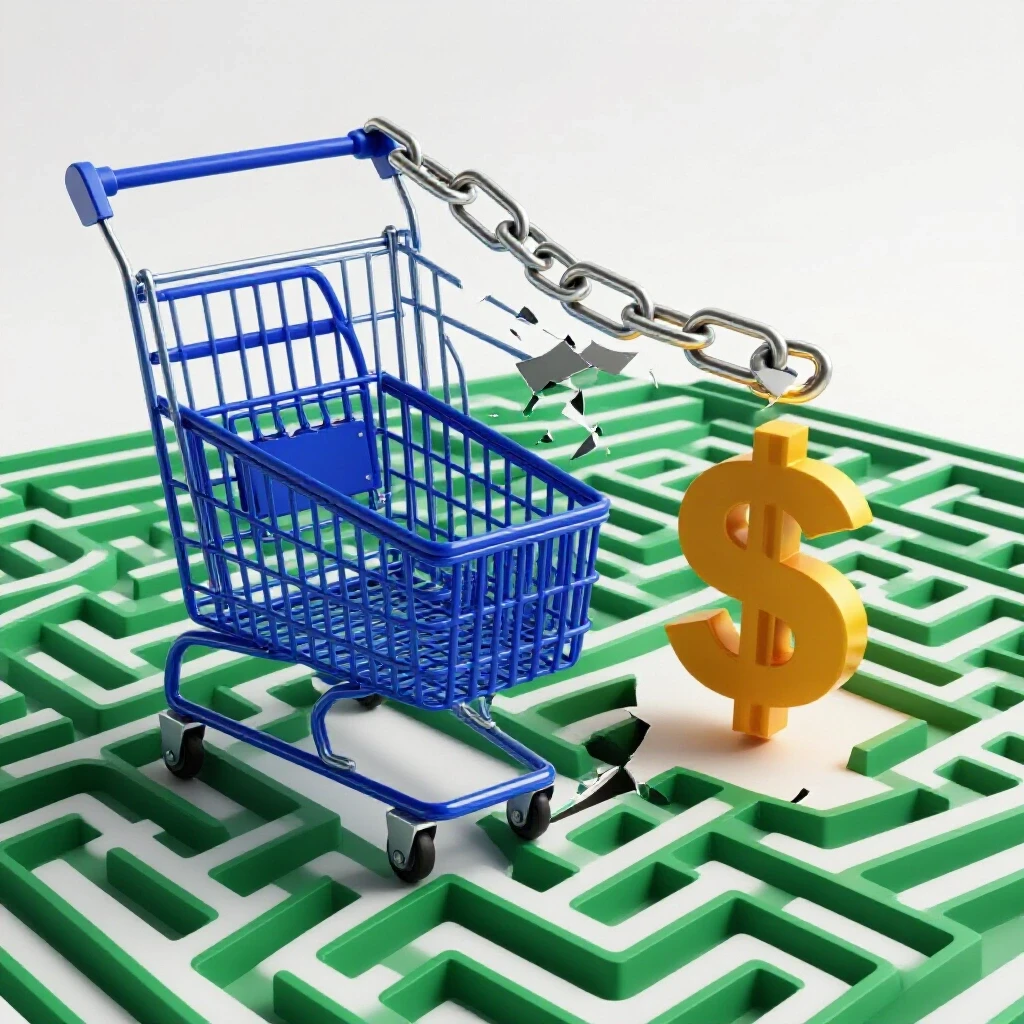 A broken chain link with a shopping cart and a maze leading to a dollar sign, symbolizing retargeting campaign challenges.