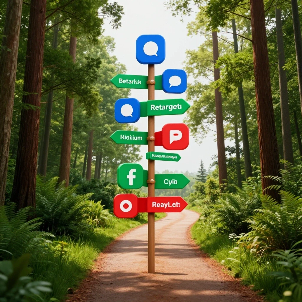 A winding forest path featuring social media icons as waypoints, symbolizing retargeting strategies.