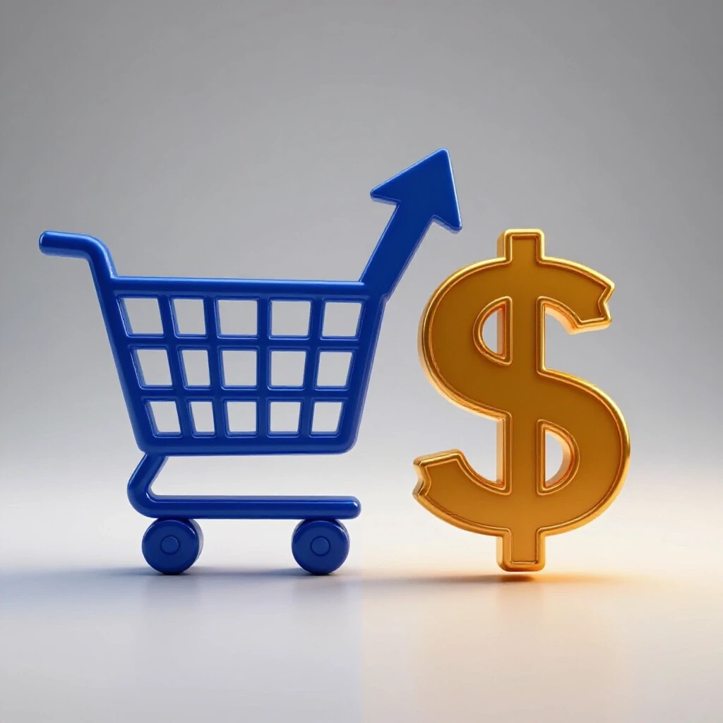 Split-screen image showcasing a shopping cart and dollar sign, connected by an upward arrow, symbolizing revenue growth.