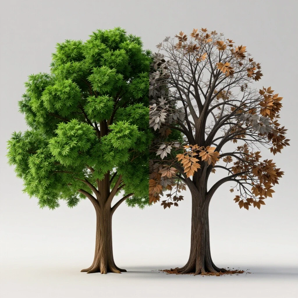 A split-image of a thriving tree on the left and a wilting tree on the right, illustrating ad campaign engagement.