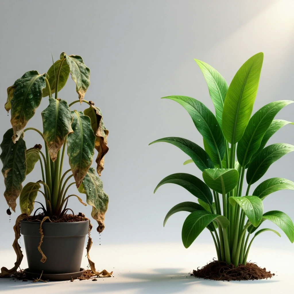 A wilted plant transitioning to a vibrant green plant, symbolizing the revival process with water droplets and sunlight.