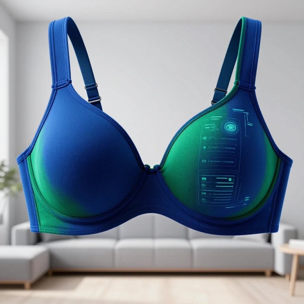 A stylized, oversized bra made from vibrant fabrics that transitions into a digital interface, symbolizing comfort and technology.
