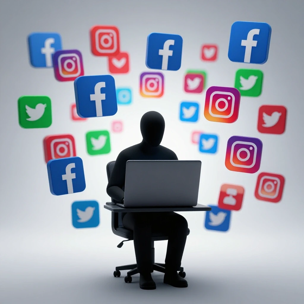 A shadowy figure at a computer surrounded by blurred vibrant social media icons, symbolizing anonymity in Facebook ads.