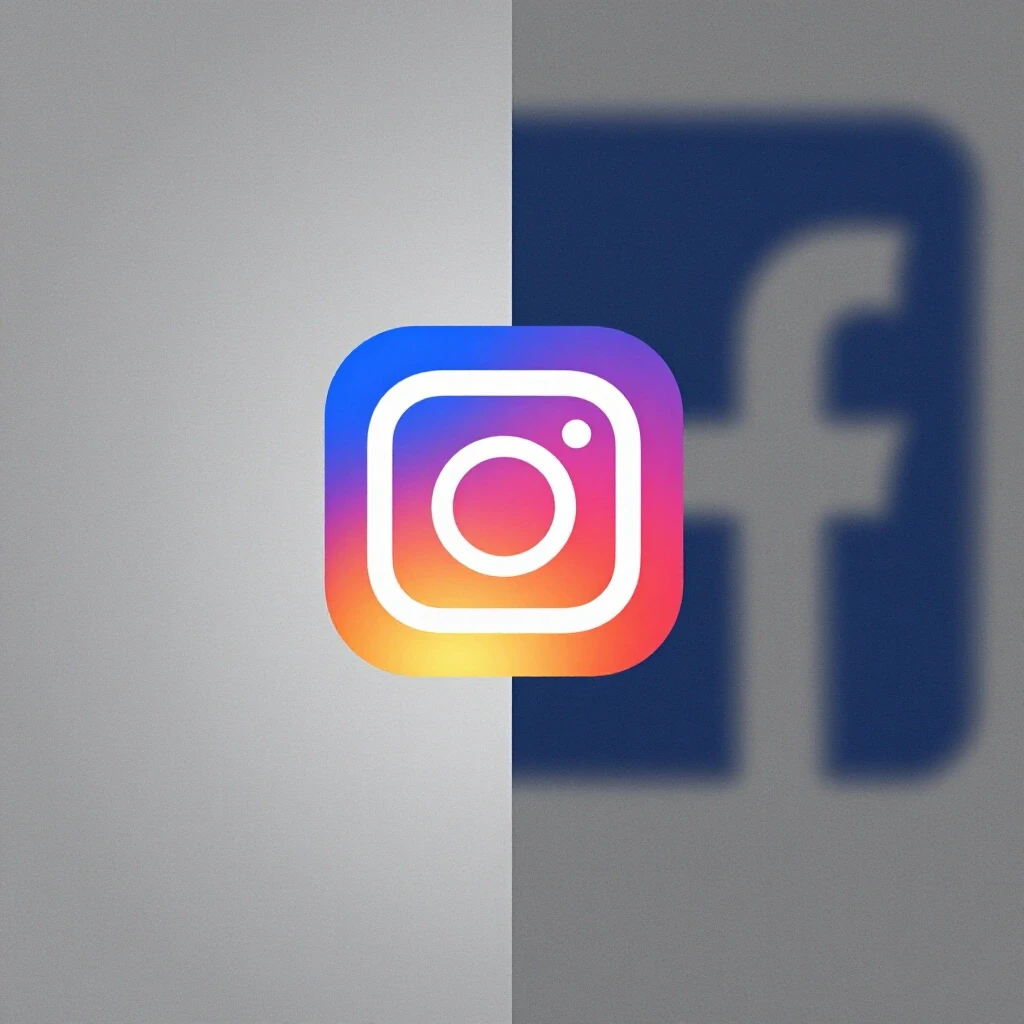 Vivid split image of Instagram logo contrasting with an abstract fading Facebook logo, symbolizing independent advertising.