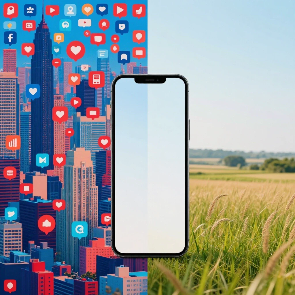 A split-image showcasing urban and rural Nebraska Facebook habits with vibrant social media elements and a single phone.