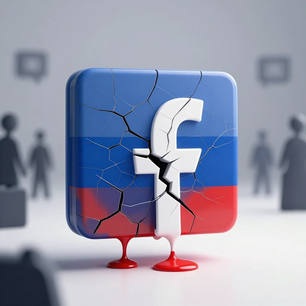 A cracked Facebook logo with Russian colors oozing through against a bright background with abstract figures.