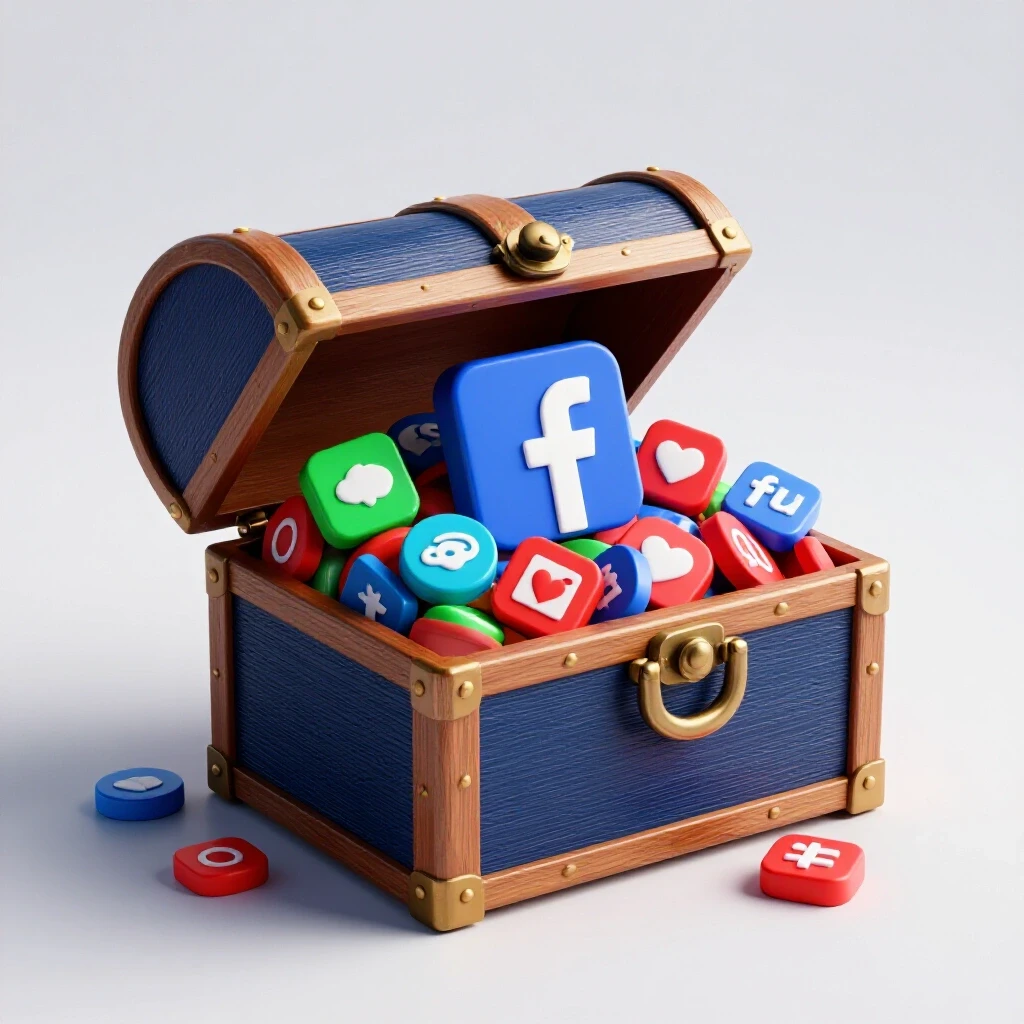 A vibrant treasure chest overflowing with colorful social media icons and a prominent Facebook logo, on a bright background.