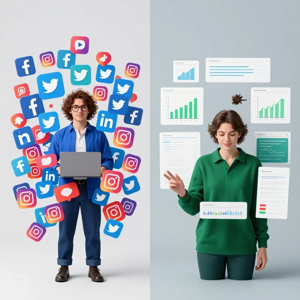 A visual representation contrasting chaotic social media marketing with streamlined AI tools, symbolizing efficiency and transformation in marketing.
