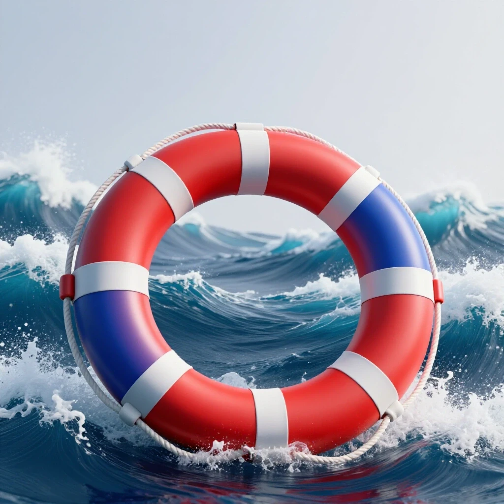 A vibrant lifebuoy floating amidst turbulent waves, symbolizing hope for social media consultants.