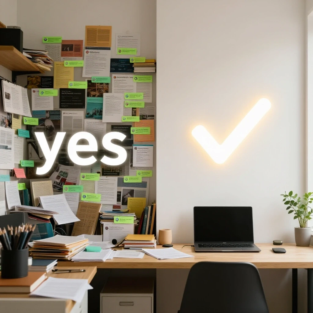 A split scene showing a chaotic desk filled with notifications on one side and a serene workspace with a glowing checkmark on the other, illustrating the power of saying no.