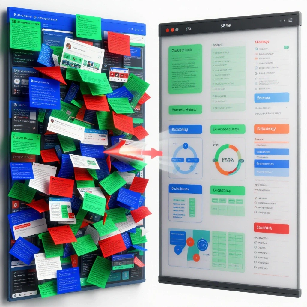 A split-screen image contrasting a chaotic social media feed with a clear strategic insights board, depicting SBA data use.