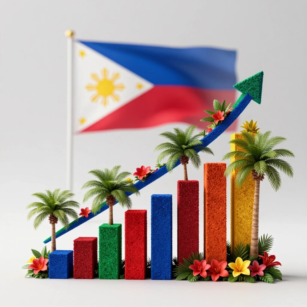 A vibrant bar graph made of tropical elements like palm trees and flowers, symbolizing growth, against the Philippine flag background.