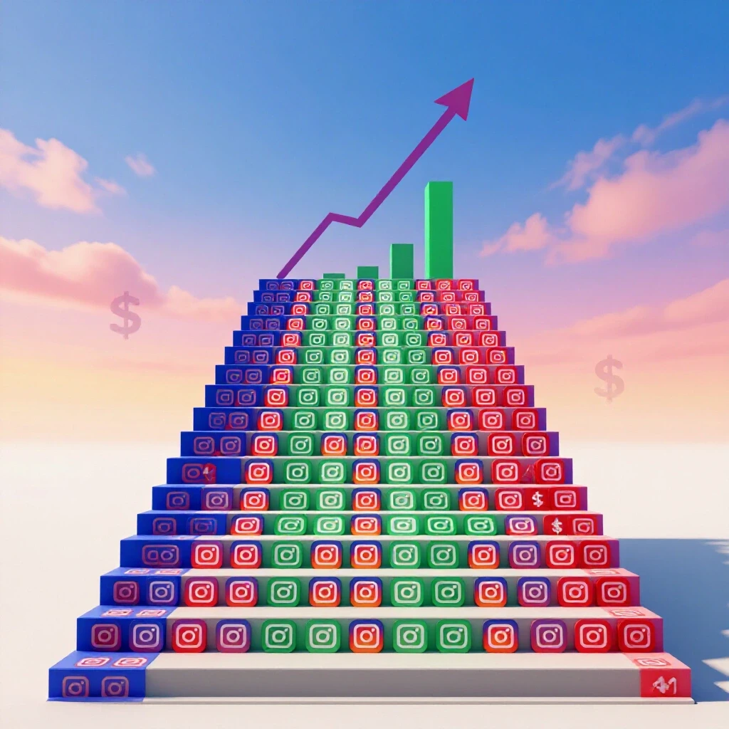 A vibrant, textured staircase made of Instagram logos leading into a colorful sky full of graphs and dollar signs, symbolizing growth.