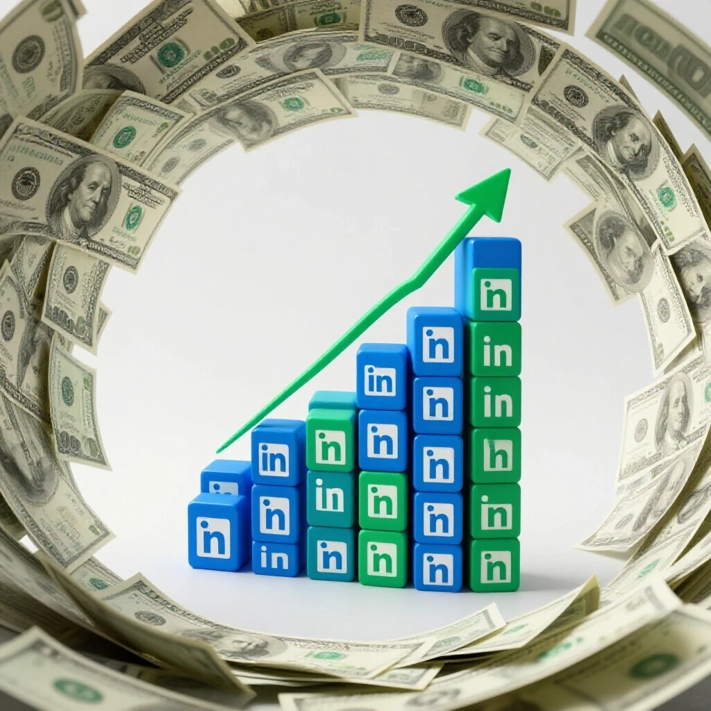 A rising bar graph made of LinkedIn logos set against a swirling vortex of dollar bills, symbolizing ad growth and spending challenges.