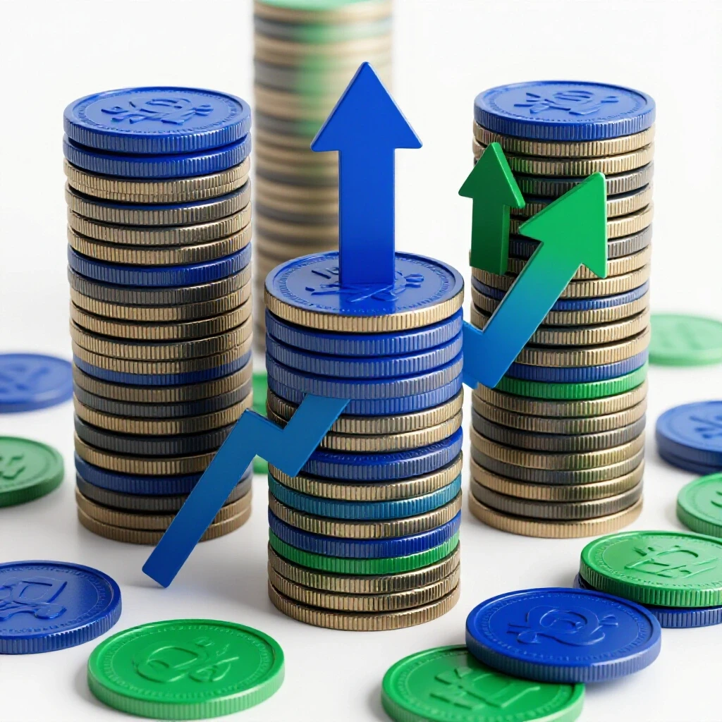 A vibrant 3D stack of coins with upward arrows symbolizing financial growth and ROI, set against a bright white background.