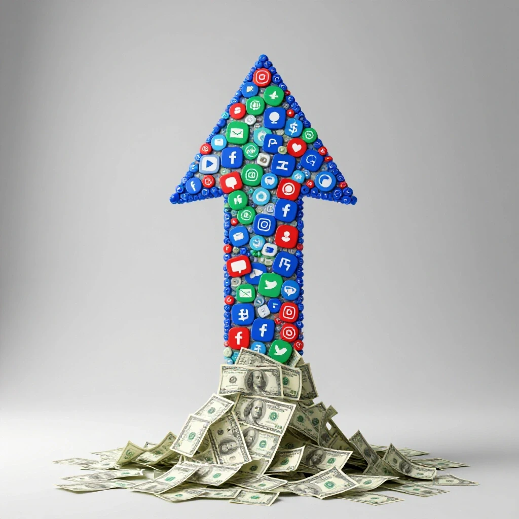 A striking 3D image of a vibrant arrow made of social media icons rising against a cascading dollar bill, symbolizing brand growth.