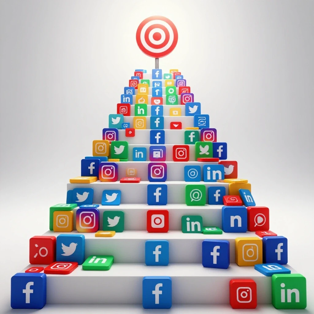 A vibrant staircase made of social media icons leading to a shining target symbolizes growth in retargeting campaigns.