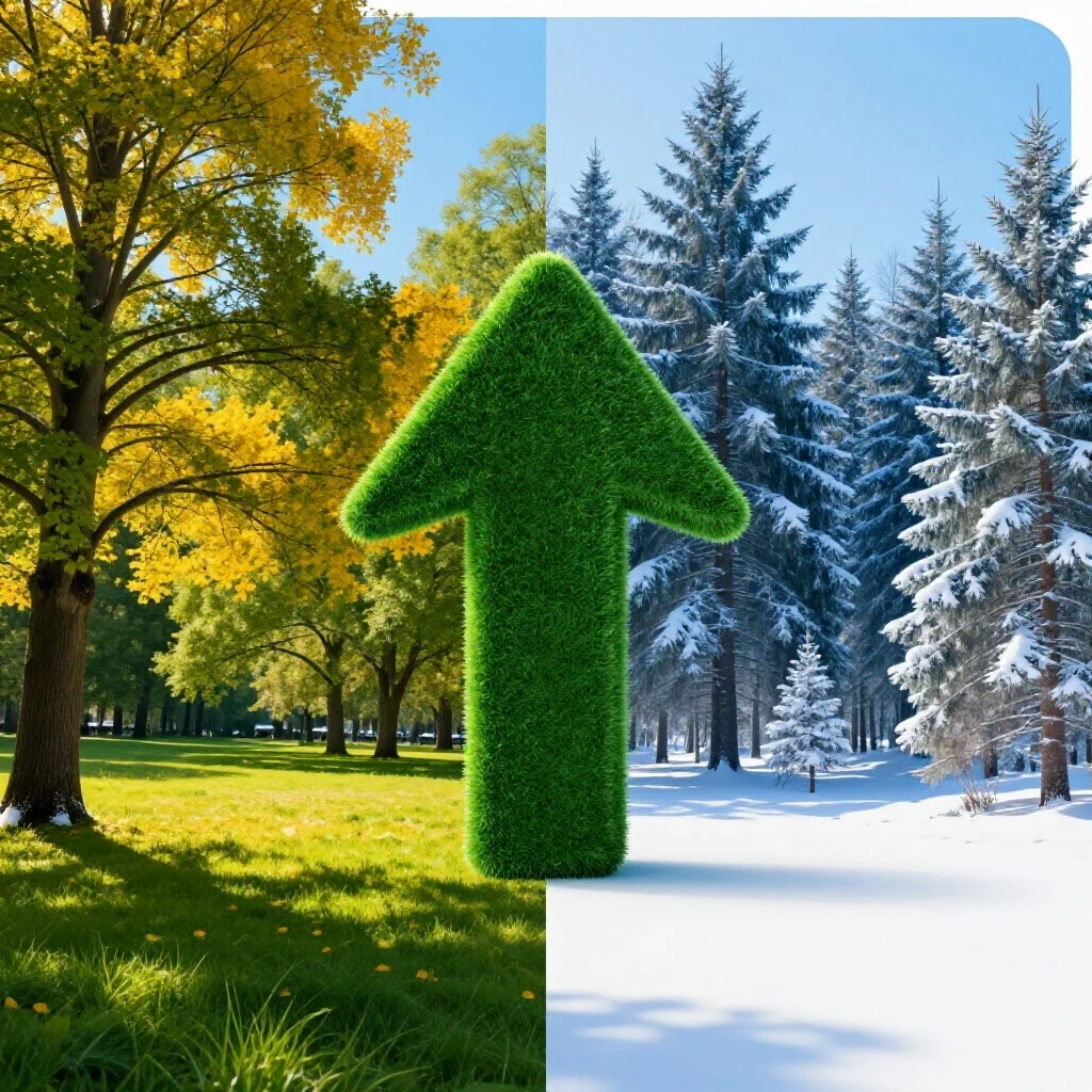 A split-image of a vibrant summer landscape and a cozy winter scene with a central upward arrow symbolizing growth.
