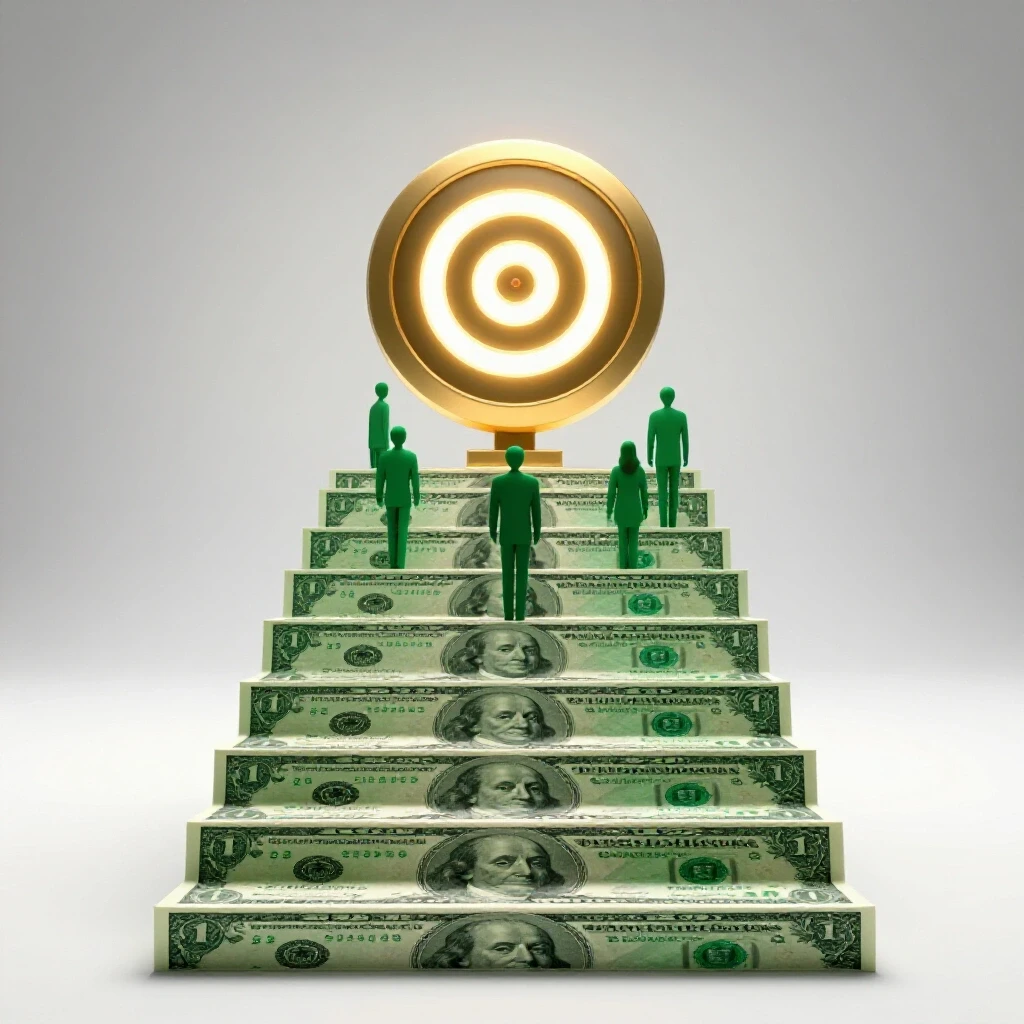 A 3D image of a staircase made from dollar bills ascending towards a large growth symbol against a clean background.