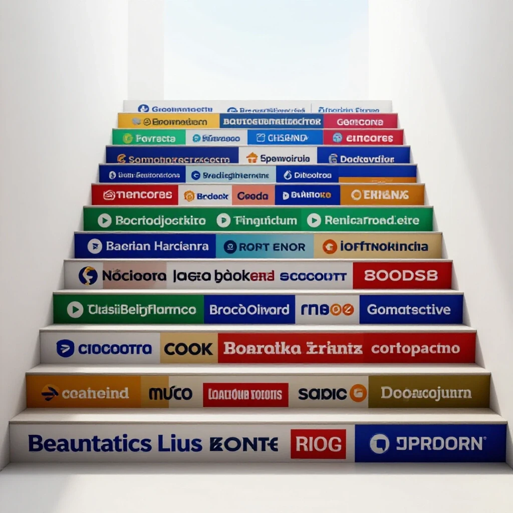 A vibrant staircase of brand logos symbolizing strategies for scaling social ads against a bright sky.