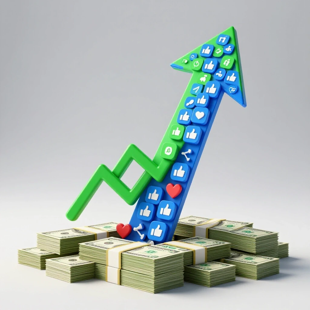 A vibrant upward arrow made of social media icons emerging from a stack of dollar bills, symbolizing financial growth.