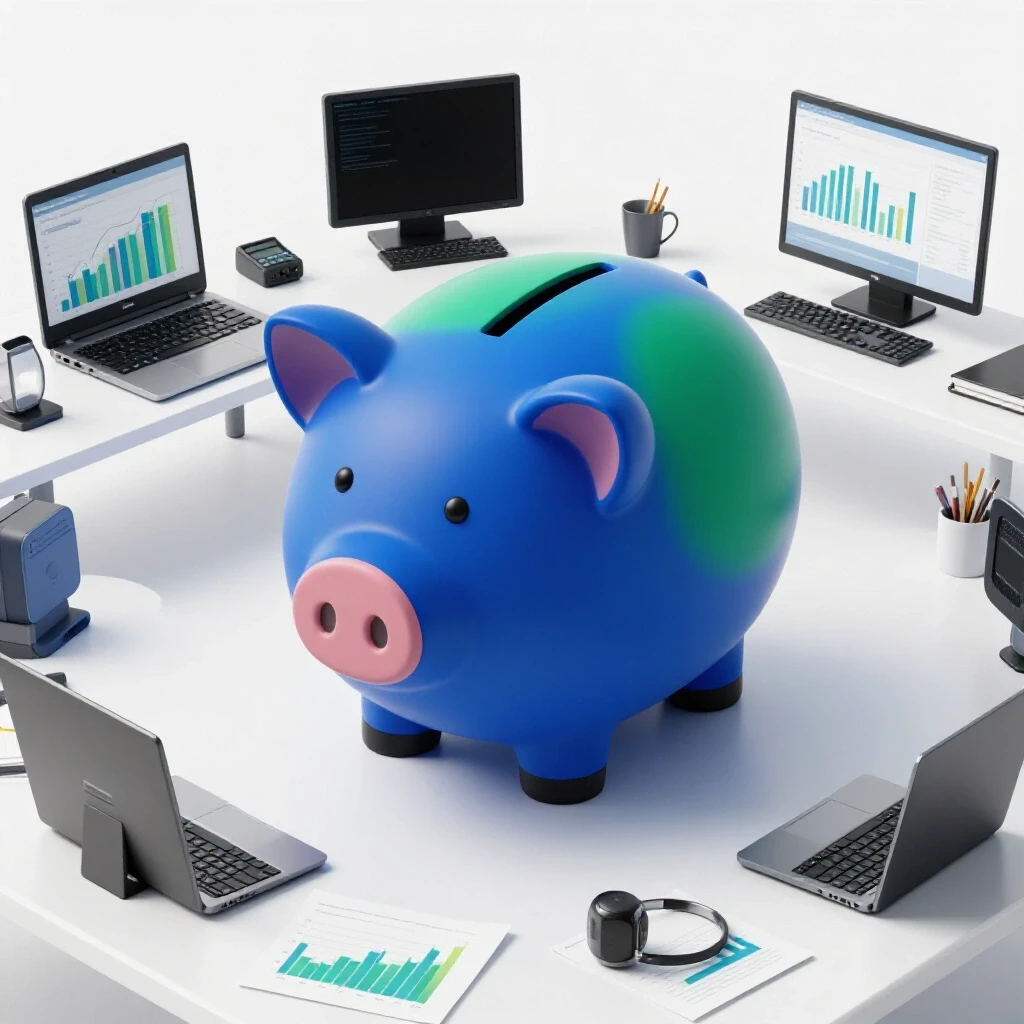 A vibrant piggy bank overflowing on a tidy desk with graphs and digital tools, symbolizing social media ad efficiency.