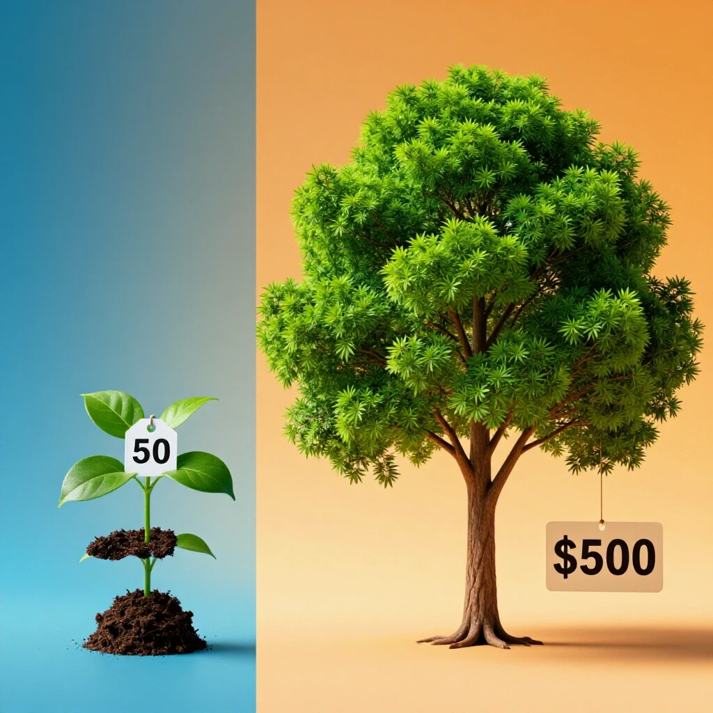 A split image showing a small plant labeled $50 on one side and a flourishing tree labeled $500 on the other, against a vibrant gradient backdrop.