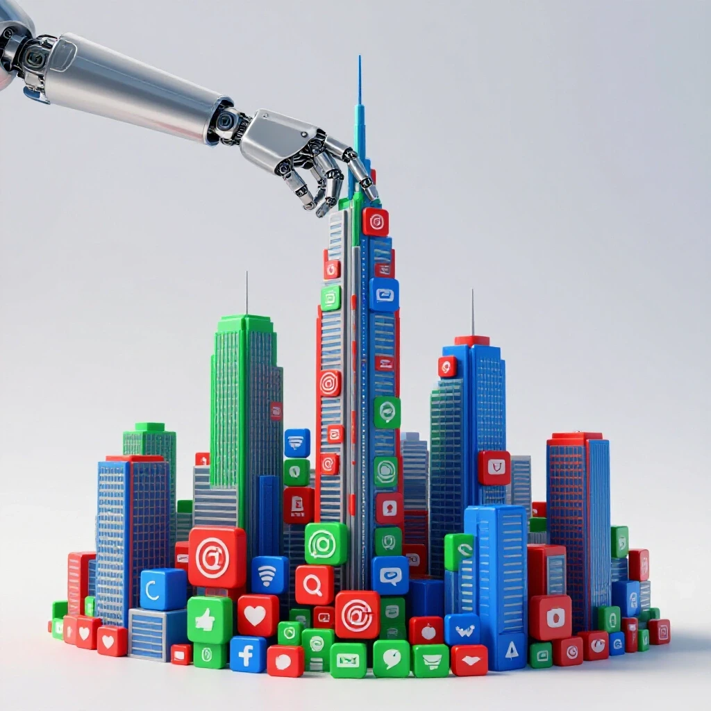 A futuristic cityscape made of vibrant social media icons, with a robotic arm adding new structures in a bright studio setting.