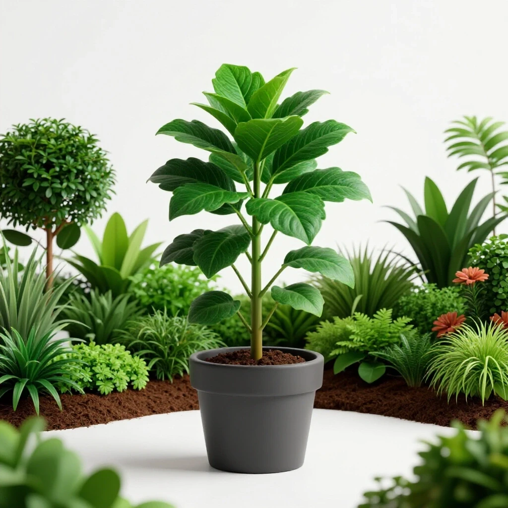 A small struggling plant in a pot contrasted with a vibrant garden represents potential growth in social media ads.