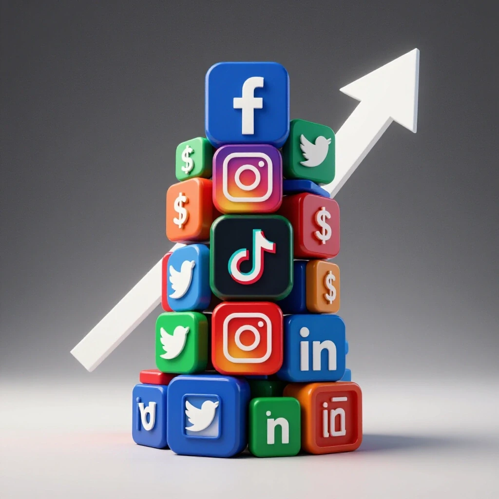 A colorful stack of social media icons with dollar signs, set against an upward arrow background, symbolizing growth.