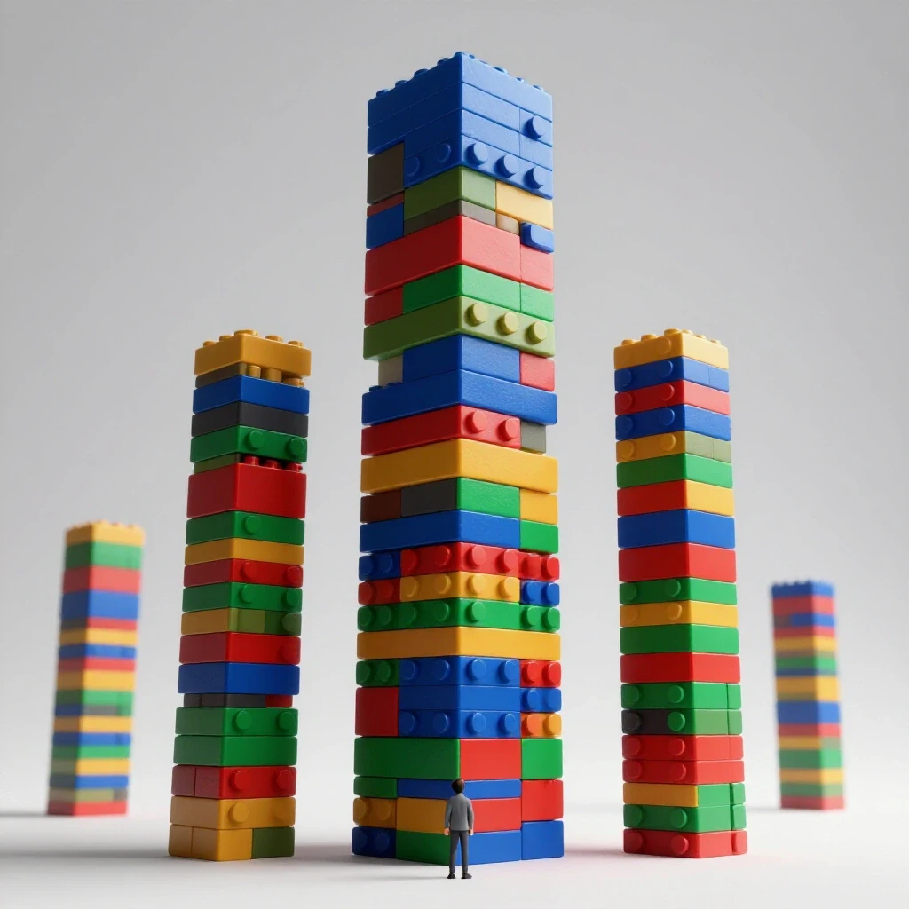 A vibrant stack of colorful building blocks representing social media strategies, viewed from below, with a figure gazing up.