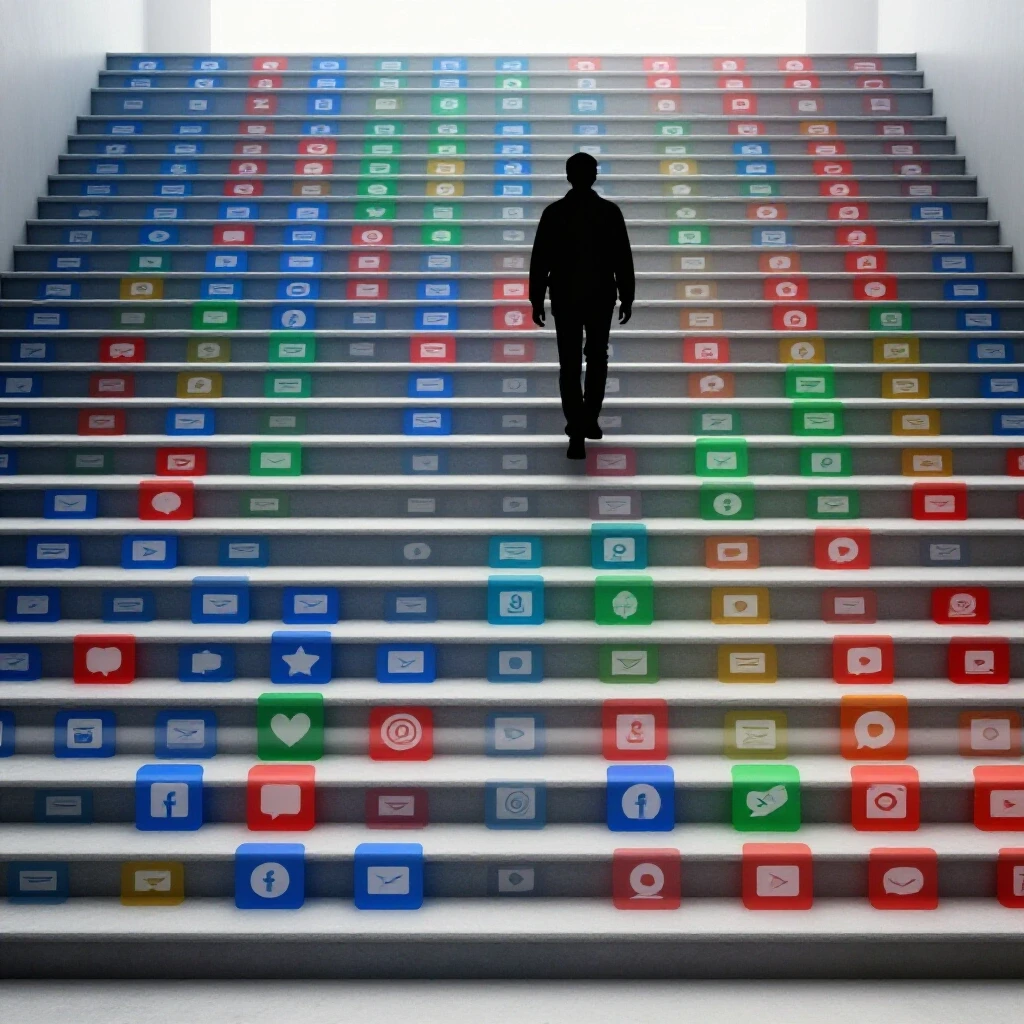 A vibrant staircase with social media icons symbolizing growth, featuring a silhouette of a person climbing the stairs.