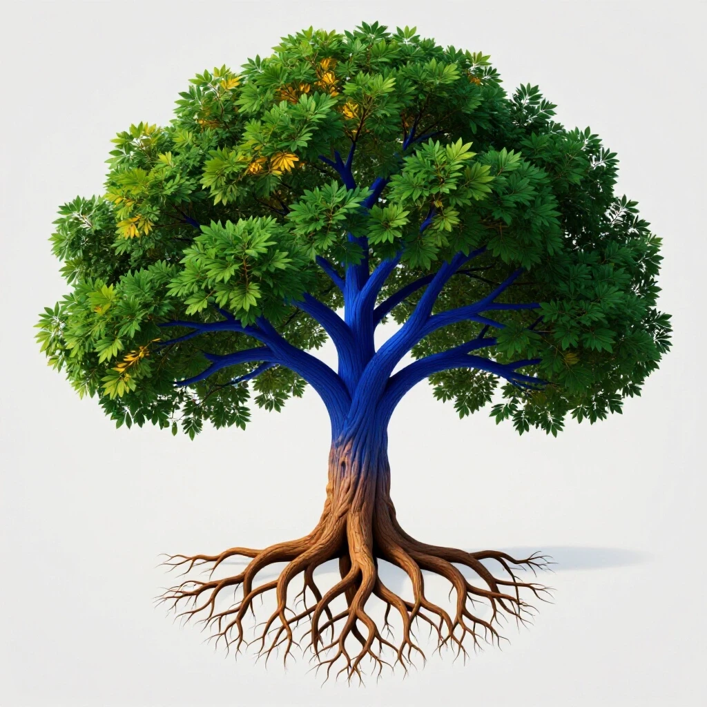 A vibrant tree with colorful branches and roots symbolizing social media growth strategies against a bright background.