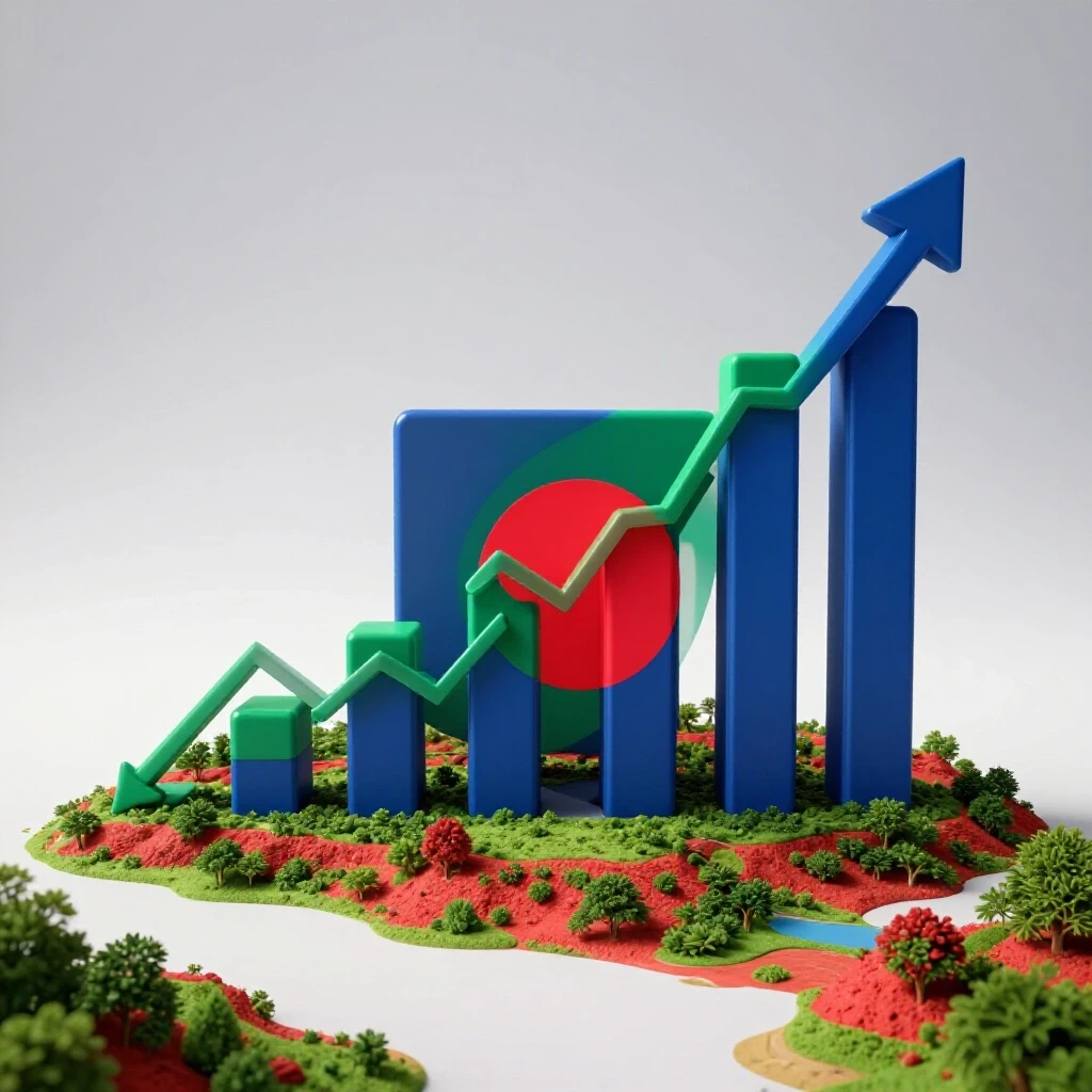 A vibrant 3D-rendered rising graph symbolizing growth, integrated with cultural symbols from Bangladesh.