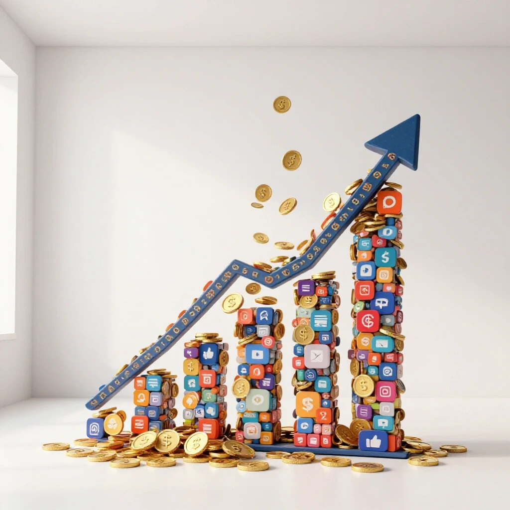 A dynamic composition of a colorful growth graph made of social media icons with cascading coins, symbolizing ad spend impact.