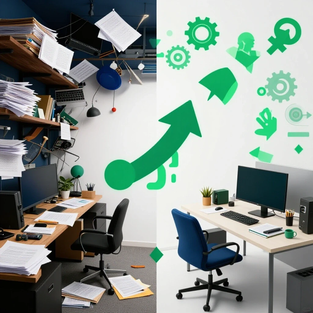 A split-image showcasing a chaotic workspace contrasted with an organized office, symbolizing operational efficiency.